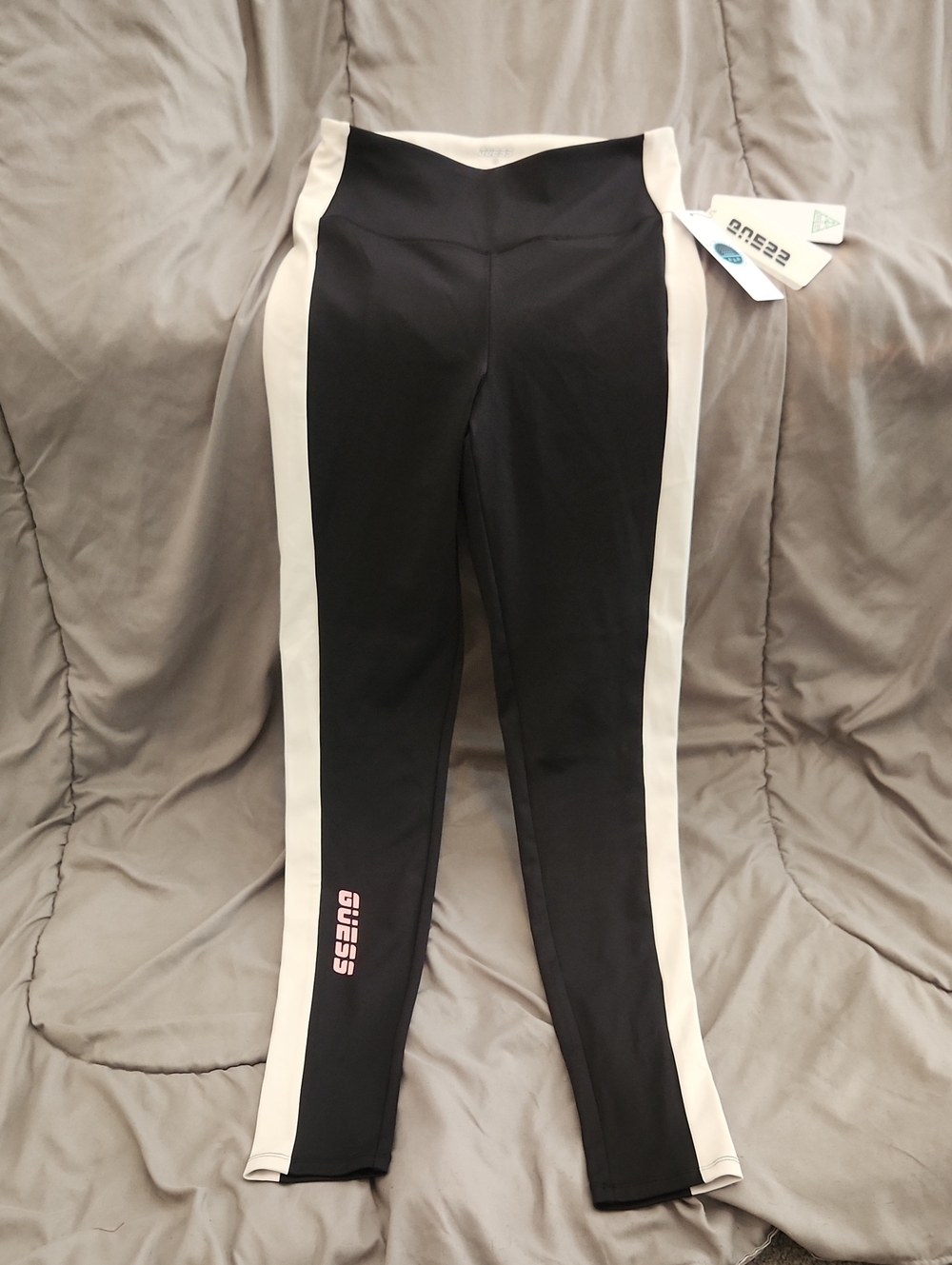 Guess Black Leggings with White Side Panels and Pink Logo